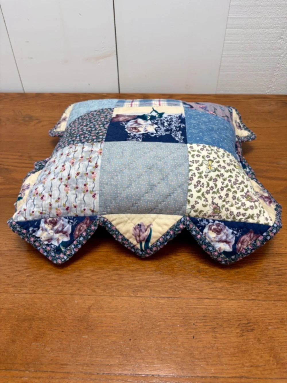Handmade Patchwork Quilted Pillow | Scalloped Edge Throw Pillow | 14x14